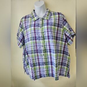 Blair Women's Plaid Button-Up Shirt in Green and Purple Plus 3XL 100%Cotton NWT.